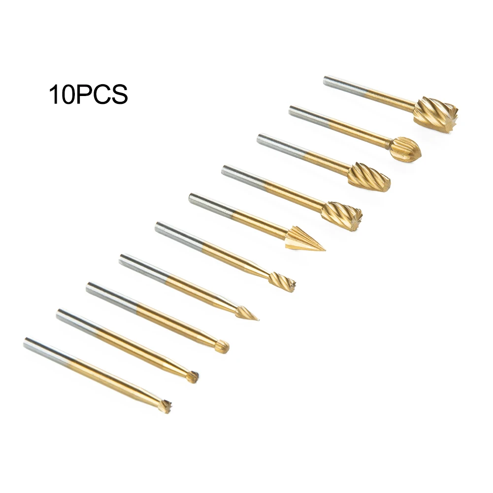 10pcs Coating HSS Milling Cutter Router Bit Burrs Rotary Burr Set 1 4 Head 1 8 Shank Die Wood Metal Cutters Engraving