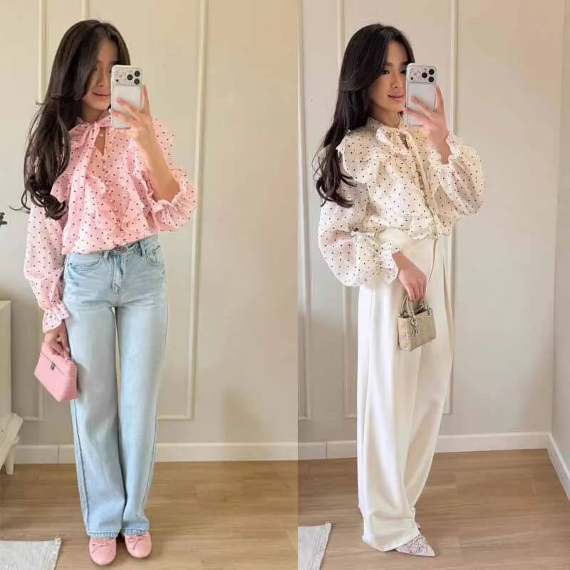 

Fashion Vintage Polka Dot Print shirt Women Bow Lace Up Elegant Long Sleeve Blouses Temperament Streetwear Summer Thin Tops