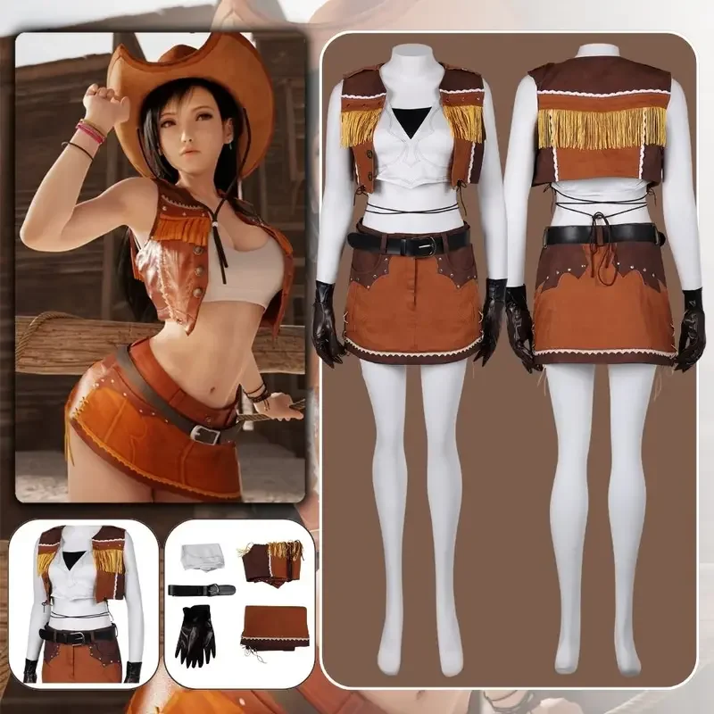 Final Fantasy Remake 7 Tifa Lockhart Cosplay Cowgirl Costume Disguise Adult Women Dress Hat Halloween Carnival Party Clothes