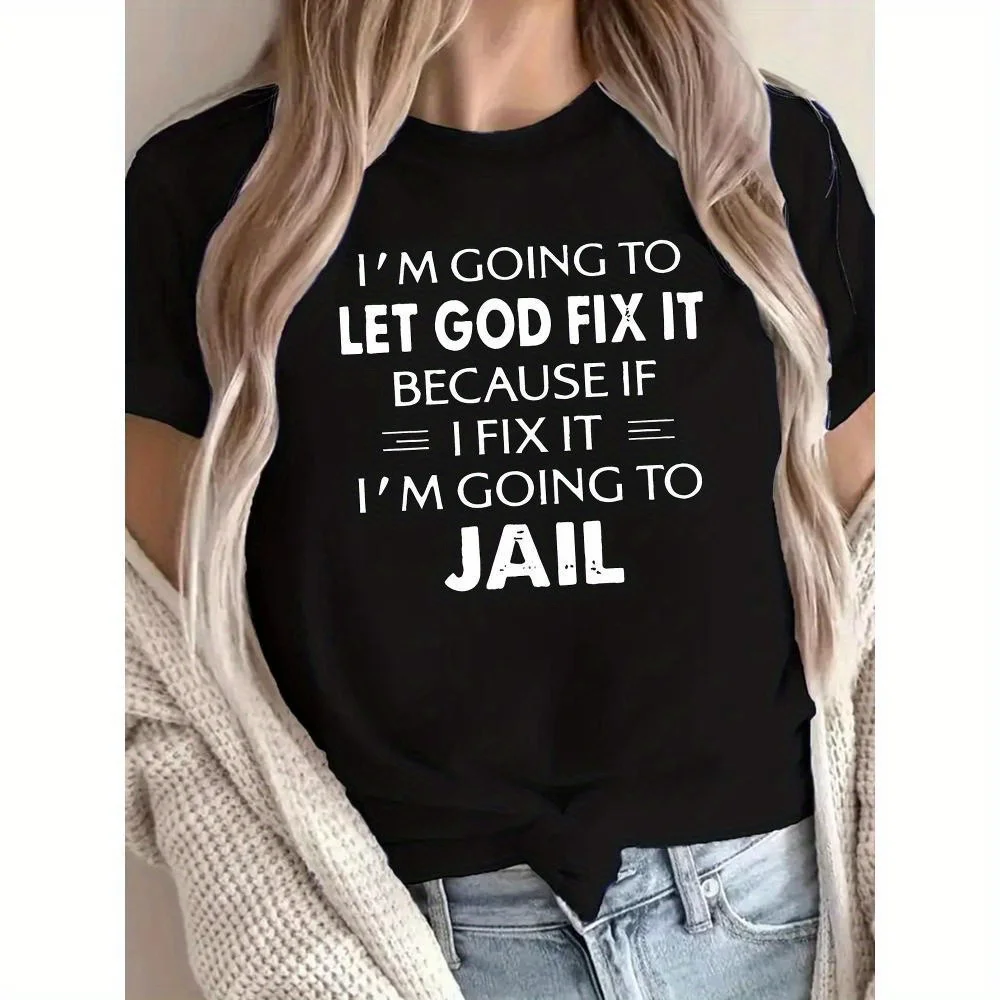 

Plus Size Letter Print Crew Neck T-shirt, Casual Short Sleeve Top For Spring & Summer, Women'S Clothing 0XL-4XL