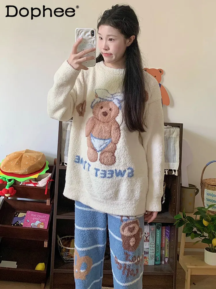 2025 nuevo estilo japonés Ins oso de dibujos animados pijamas de cuello redondo suave fino polar dulce linda chica cálido Otoño Invierno ropa de casa