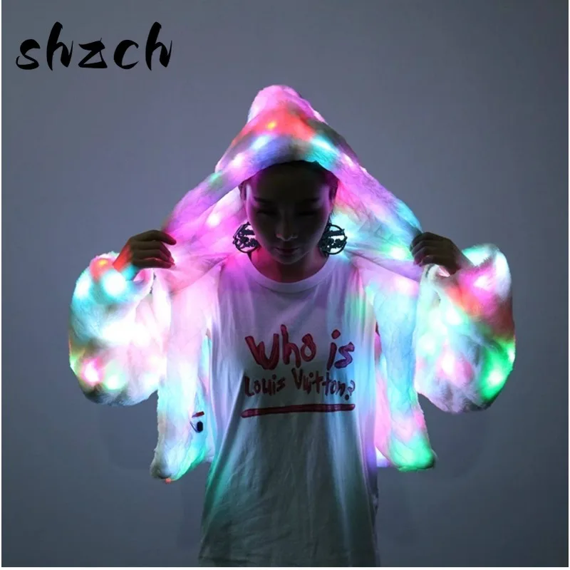 

Colorful LED Light Up Jacket Faux Fur Performance Wear for Men and Women Plush Stage Costume for Bar Parties Glowing Outfit Prop
