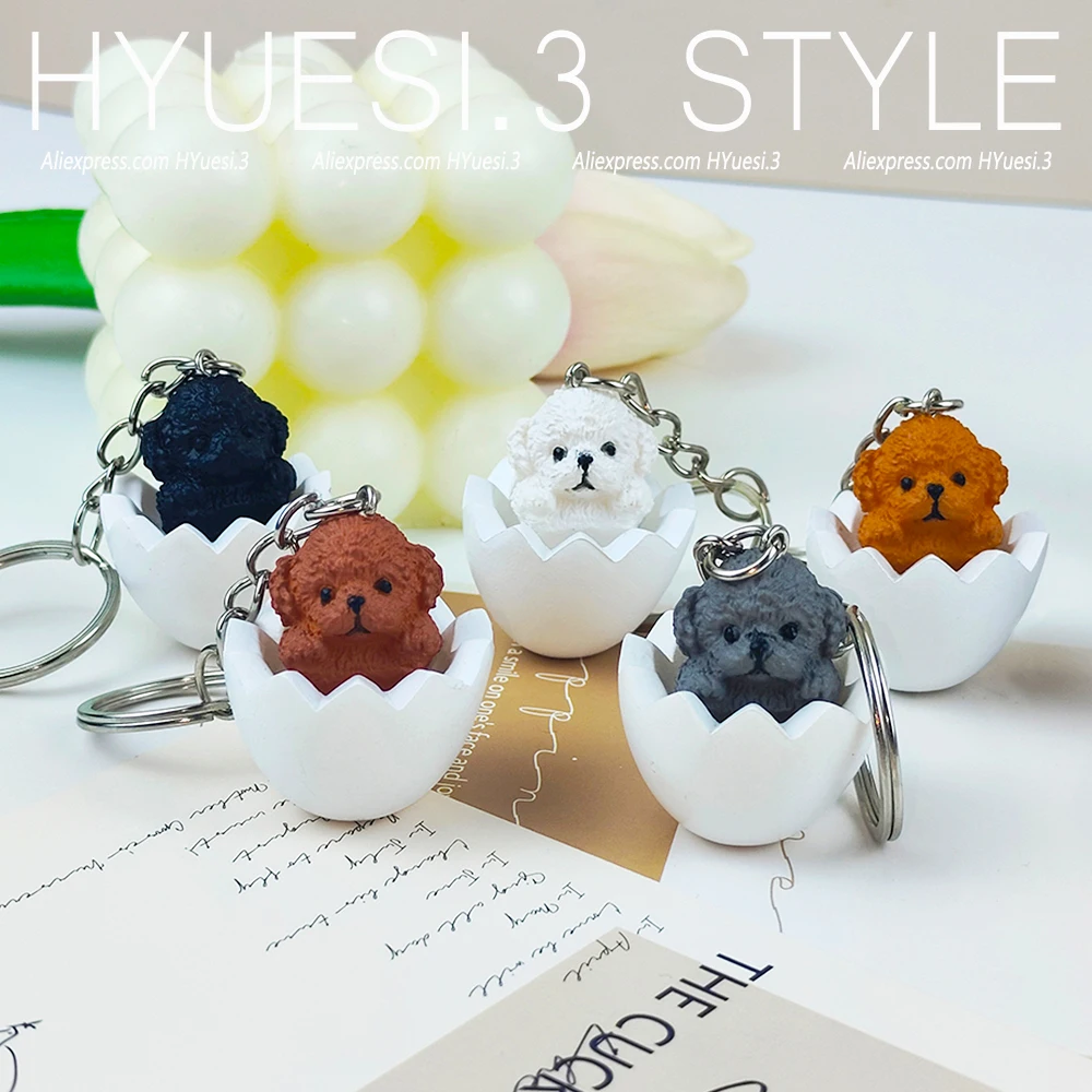 Cute Eggshell Dog Keychain Cartoon Teddy Pendant With Key Holder For Women Girls Handbag Backpack Accessories Pet Lover Gifts