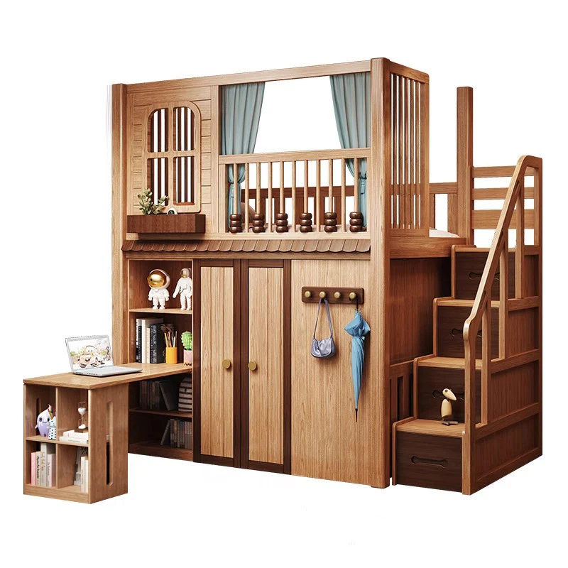 

All solid wood bed, desk, wardrobe, walk-in children's wardrobe, bed integration, small apartment storage