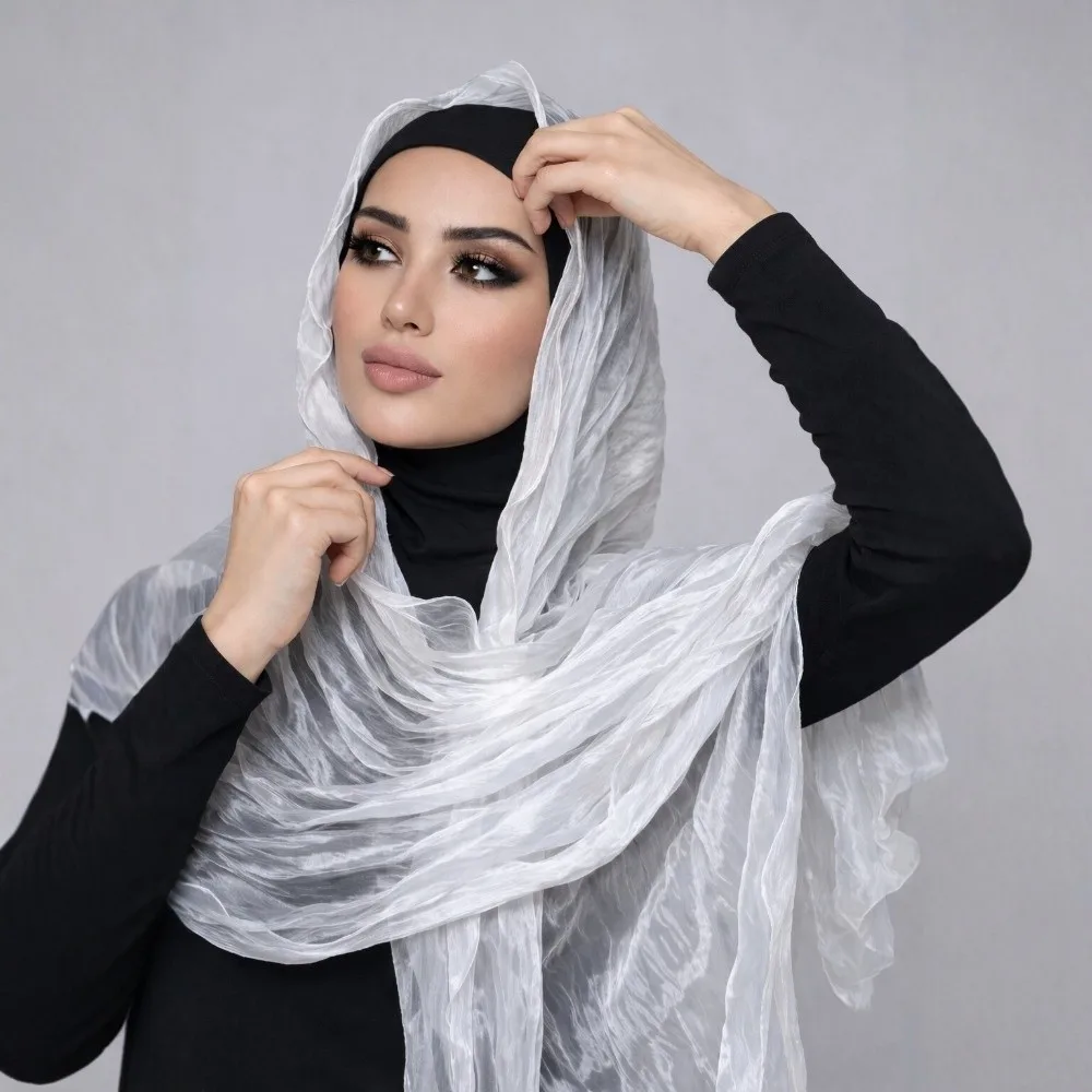 Soft Solid Color Shiny Bubble Crepe Hijab Long Thin Musulman Hijab Scarf Sunscreen Pleated Muslim Wraps Shawl Female
