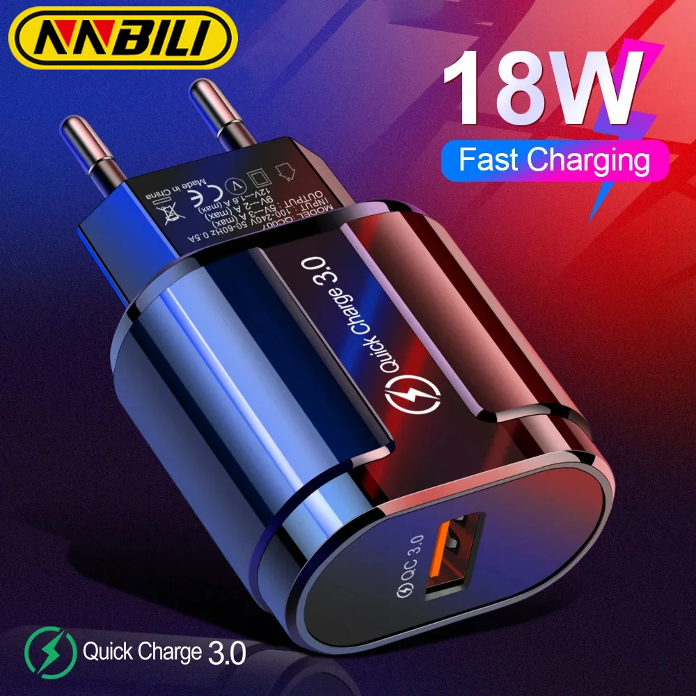 NNBILI new 18W 3A Fast Charger QC 3.0 USB Charger Quick Charge 3.0 Phone Charger for Huawei Samsung Xiaomi POCO Redmi EU US Plug