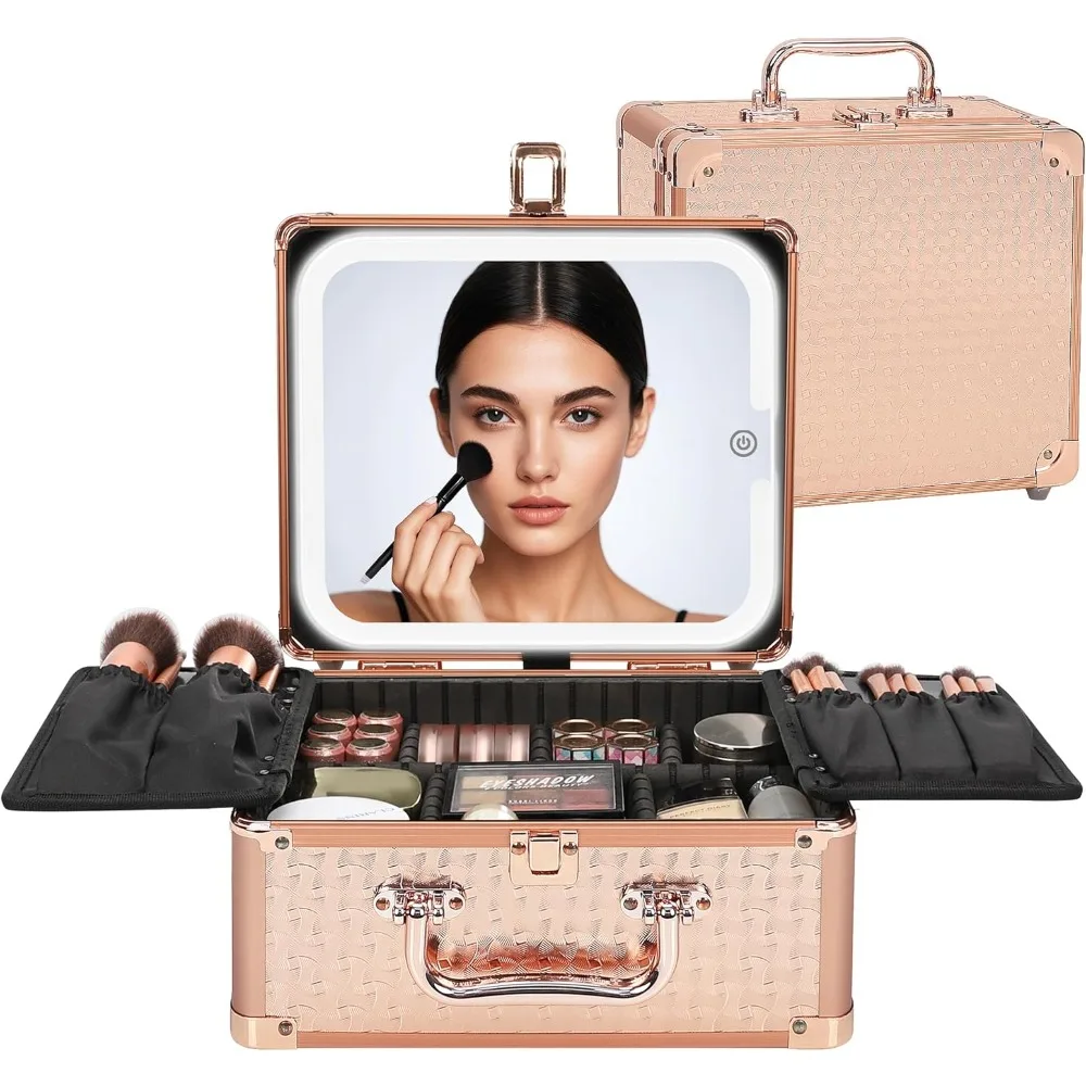 Relavel Makeup Bag with LED Mirror, Makeup Box Travel Train Case with Rechargeable Lighted Mirror, Cosmetic Brush Organizer