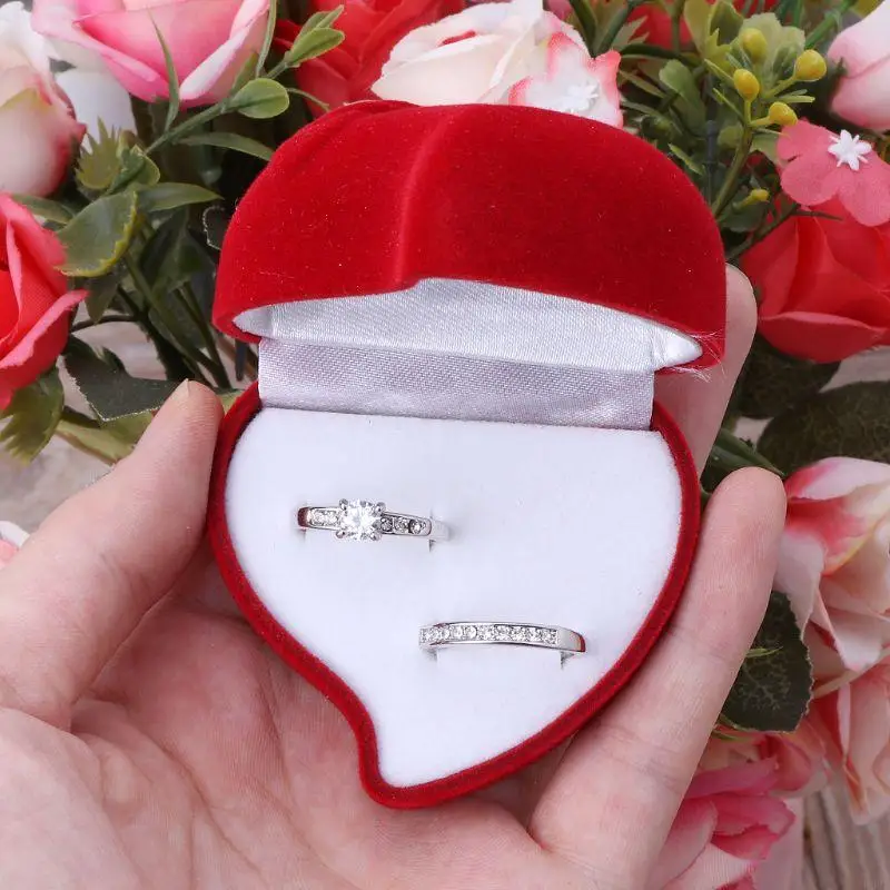 

R9JE Wedding Flocking Cloth Ring Box Jewelry Packaging Box Peach Heart Rose Single and Double Ring Box Fashion Gift