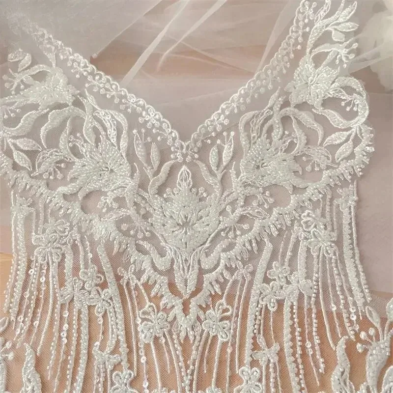 59*32CM Ivory White Beaded Sequins Lace Chest Flowers 3D Wedding Dress Applique DIY Bridal Headdress Lace Collar Fabric Patch