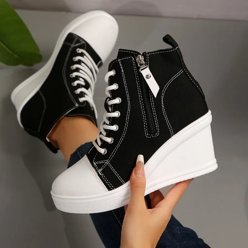 Scarpe da ginnastica da donna primavera autunno stringate con aumento di altezza scarpe di tela casual da donna alte con zeppa scarpe da ginnastica con plateau moda donna