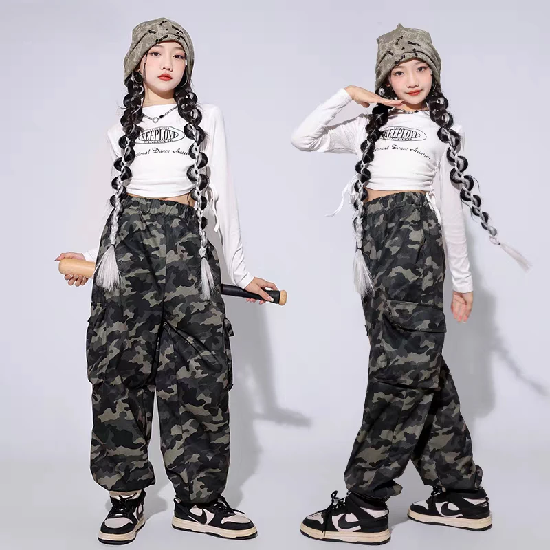 Neue Hip Hop Mädchen Crop Top Camouflage Hosen Kleidung Sets Kinder Street Dance Outfits Kinder Streetwear Jugendliche Jazz Kostüme