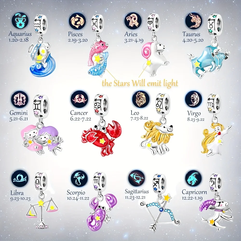 925 เงินสเตอร์ลิง 12 Constellation Luminous จี้ Charms Fit สร้อยข้อมือเดิมสําหรับผู้หญิง DIY ของขวัญ DIY