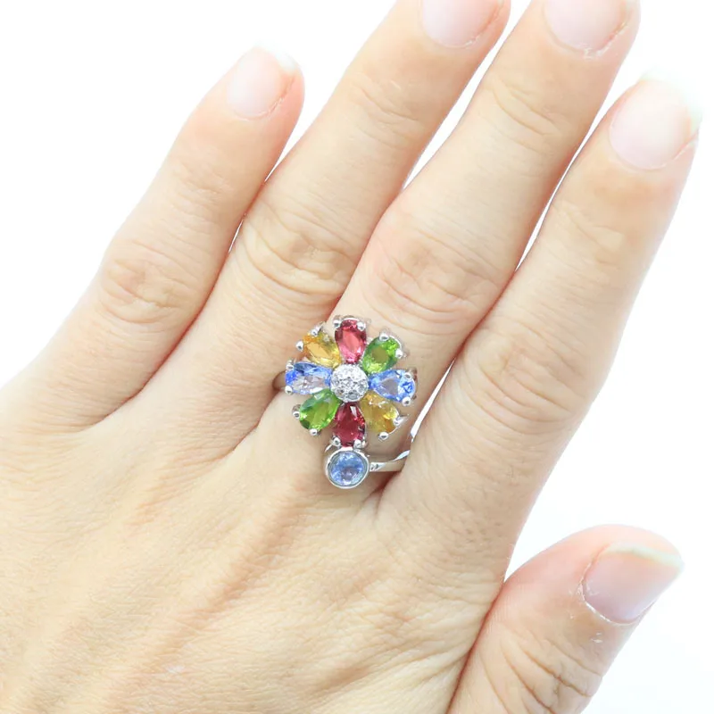 Buy 3 Get 1 Free 22x17mm Multi Color Flowers Tourmaline Citrine Peridot Green Amethyst CZ Women Wedding Silver Rings Many Sizes