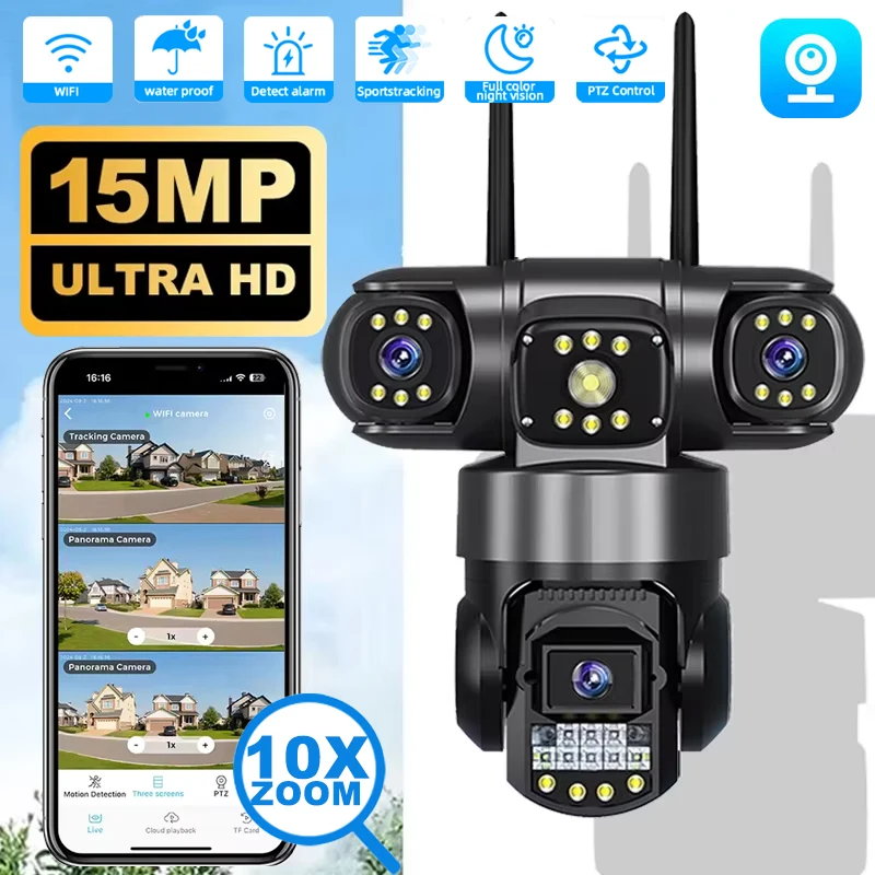 Cámara IP PTZ de tres lentes para exteriores, cámara de seguridad WiFi de tres pantallas HD de 15MP, seguimiento automático, cámara CCTV inalámbrica de doble lente, aplicación V380