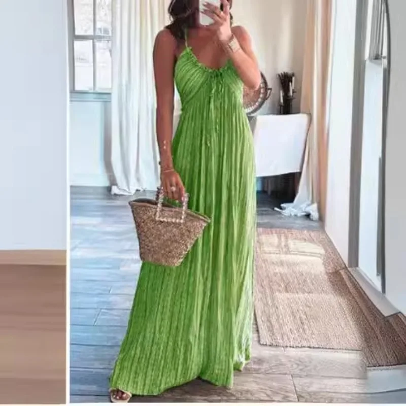 Mulheres maxi vestido de verão halter sem mangas smocked decote em v balanço flowy vestido de praia para mulher a linha casual férias praia vestido de verão