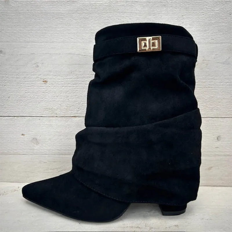 

Women's Suede Slouchy Ankle Boots Metal Buckle Detail Low Heel Ruched Design for Chic Casual Daily Autumn Winter Fashion Looks