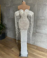 Pearl Tassels Arabic Party Dress Aso Ebi Crystals Mermaid Prom Dresses Lace Evening Formal Birthday Engagement Gowns Customized