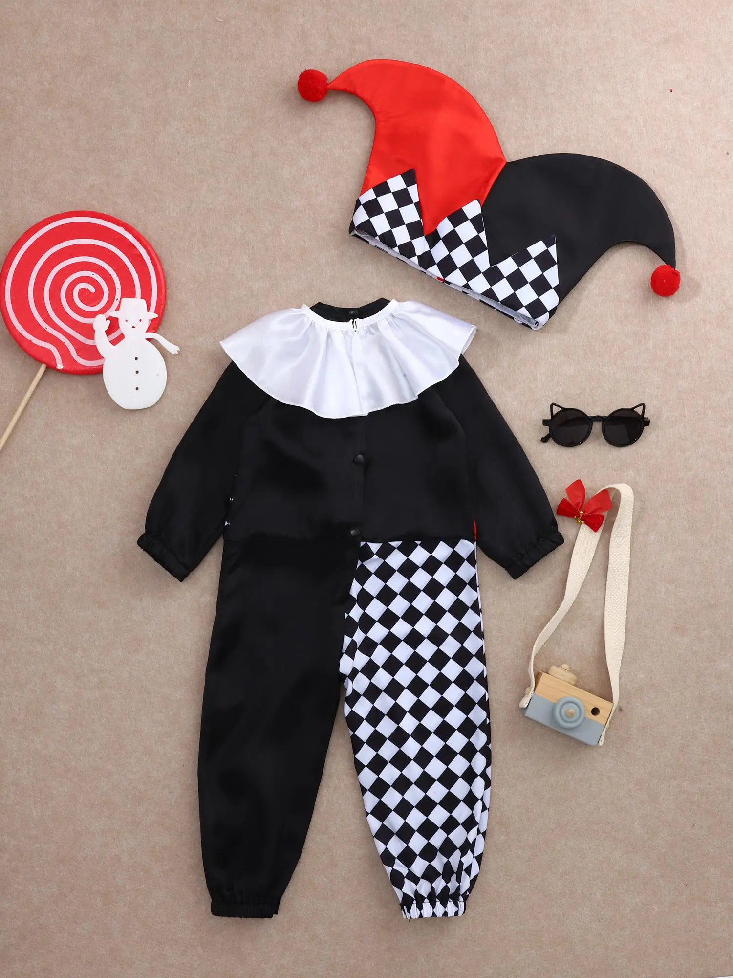 0-24m bebê festa de halloween palhaço de circo engraçado arlequim cosplay traje fotografia roupas manga longa macacão com gola chapéu