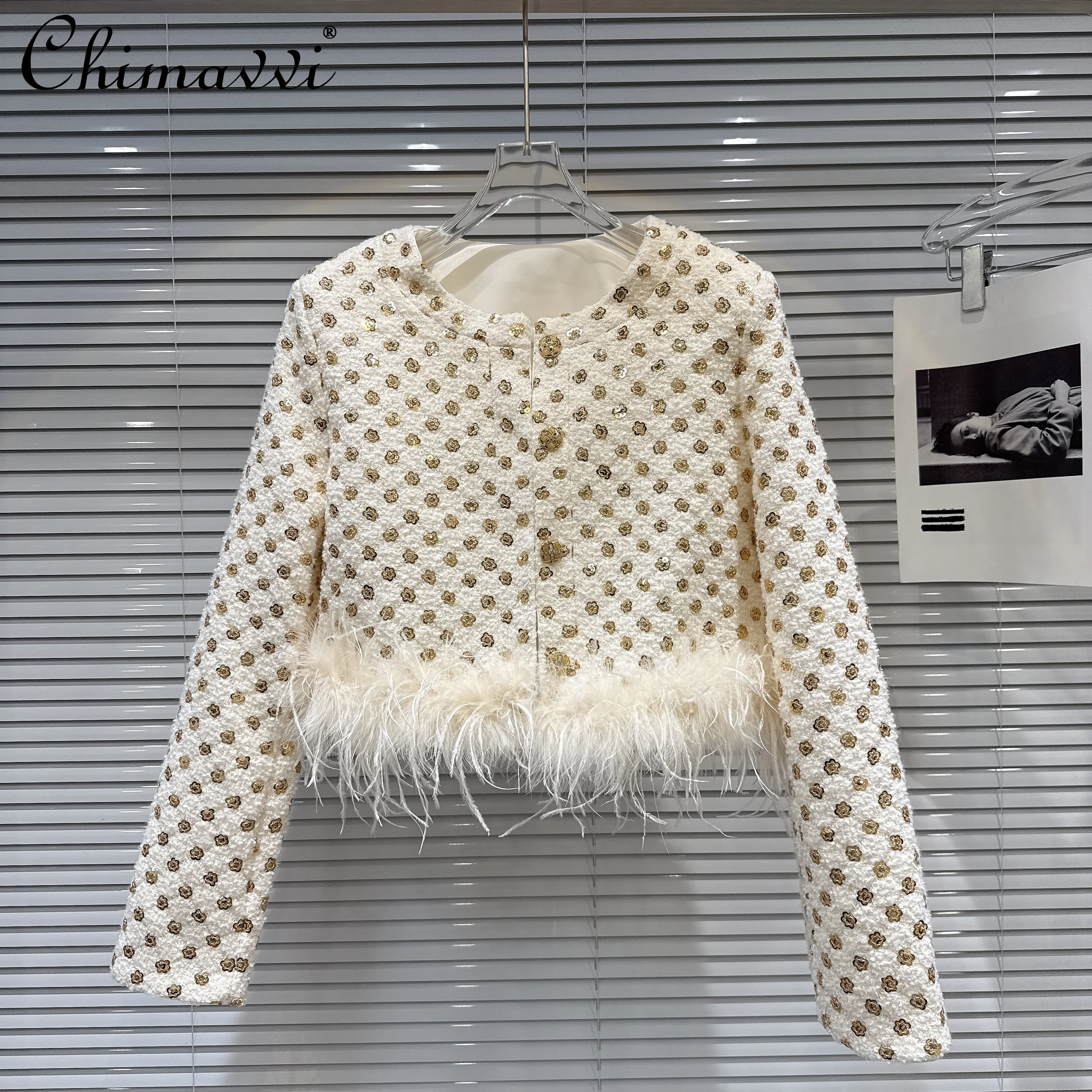 

Французский элегантный стиль с блестками и перьями в стиле пэчворк, однобортная прямая универсальная короткая куртка с круглым вырезом и длинными рукавами, женское пальто