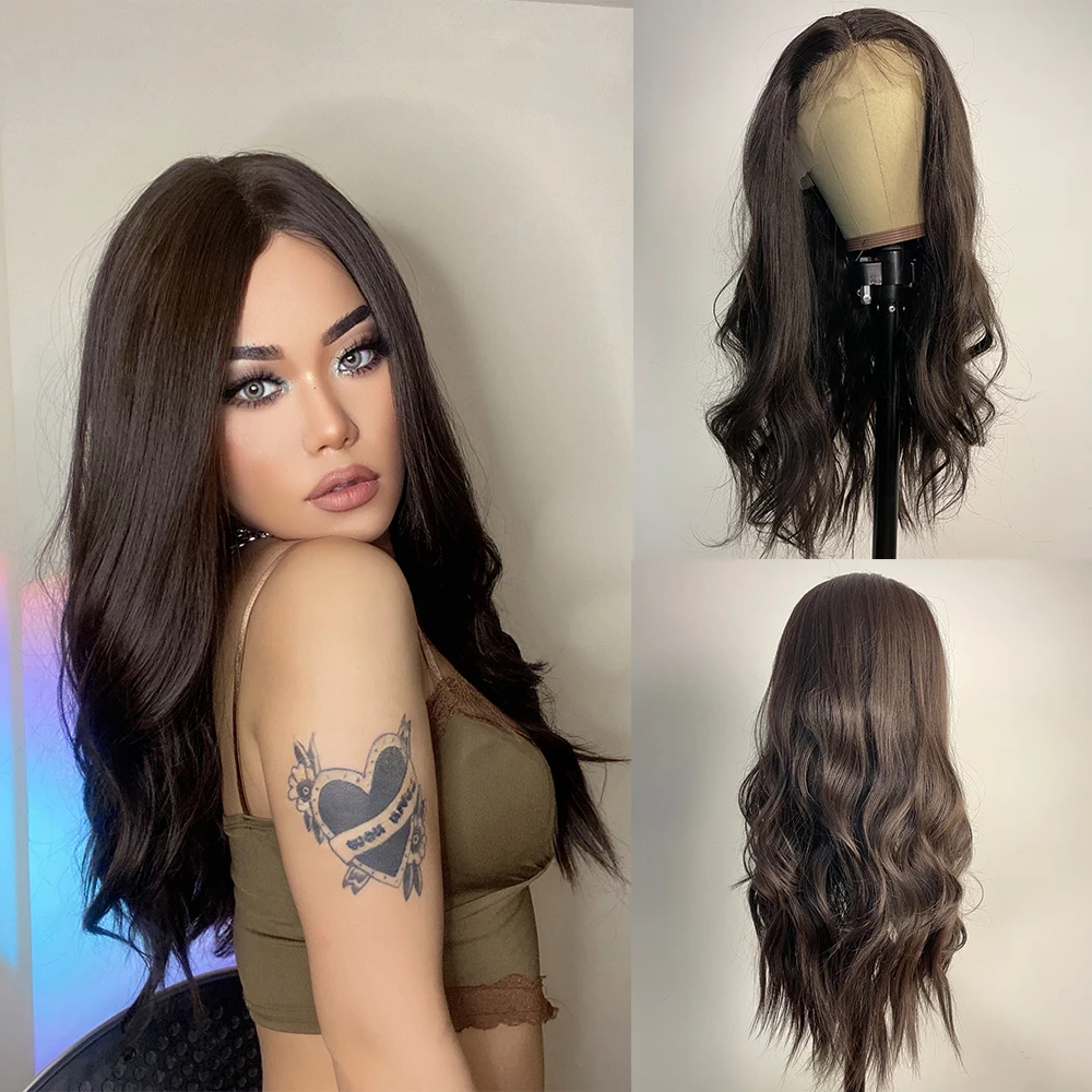 

Long Curly Dark Brown Lace Front Wigs Natural Looking Synthetic Lace Fake Hair for Black Women Daily Party Date High Temperture