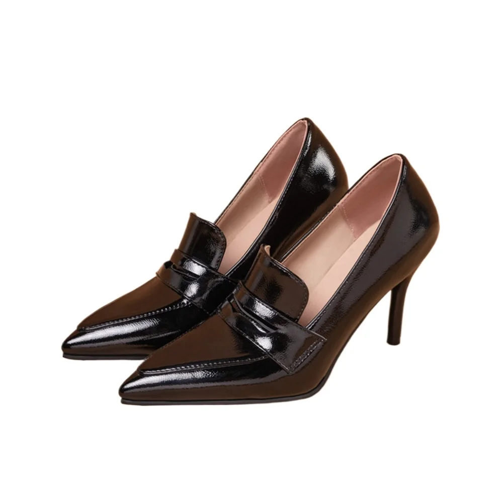 

Женские туфли-лодочки из лакированной кожи на шпильке с острым носком, с вырезами, большие размеры 34-45, черные, офисные, элегантные, модель 3-1727