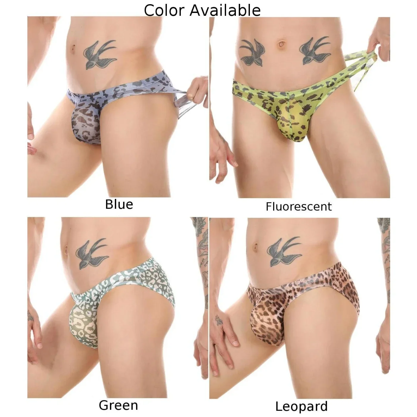 남성용 섹시한 빅 파우치, U 볼록 브리프, 레오파드 벌지 파우치, T-백 반바지 속옷, 메쉬 시스루, 속건성 비치 반바지 티팬티