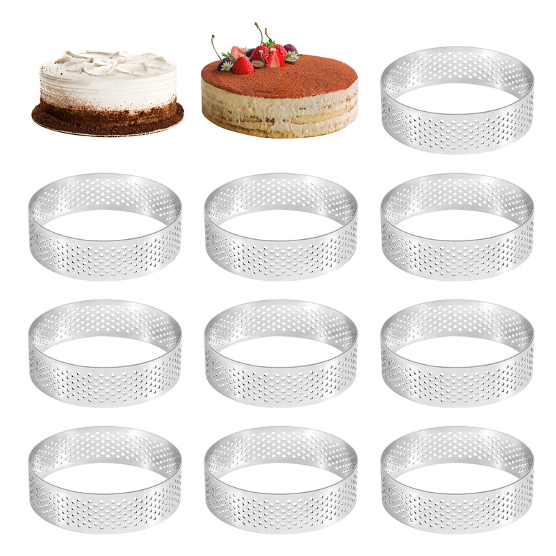 A46T 10Pcs Circular Tart Rings with Holes Stainless Steel Fruit Pie Quiches Cake Mousse Mold Kitchen Baking Mould 7cm