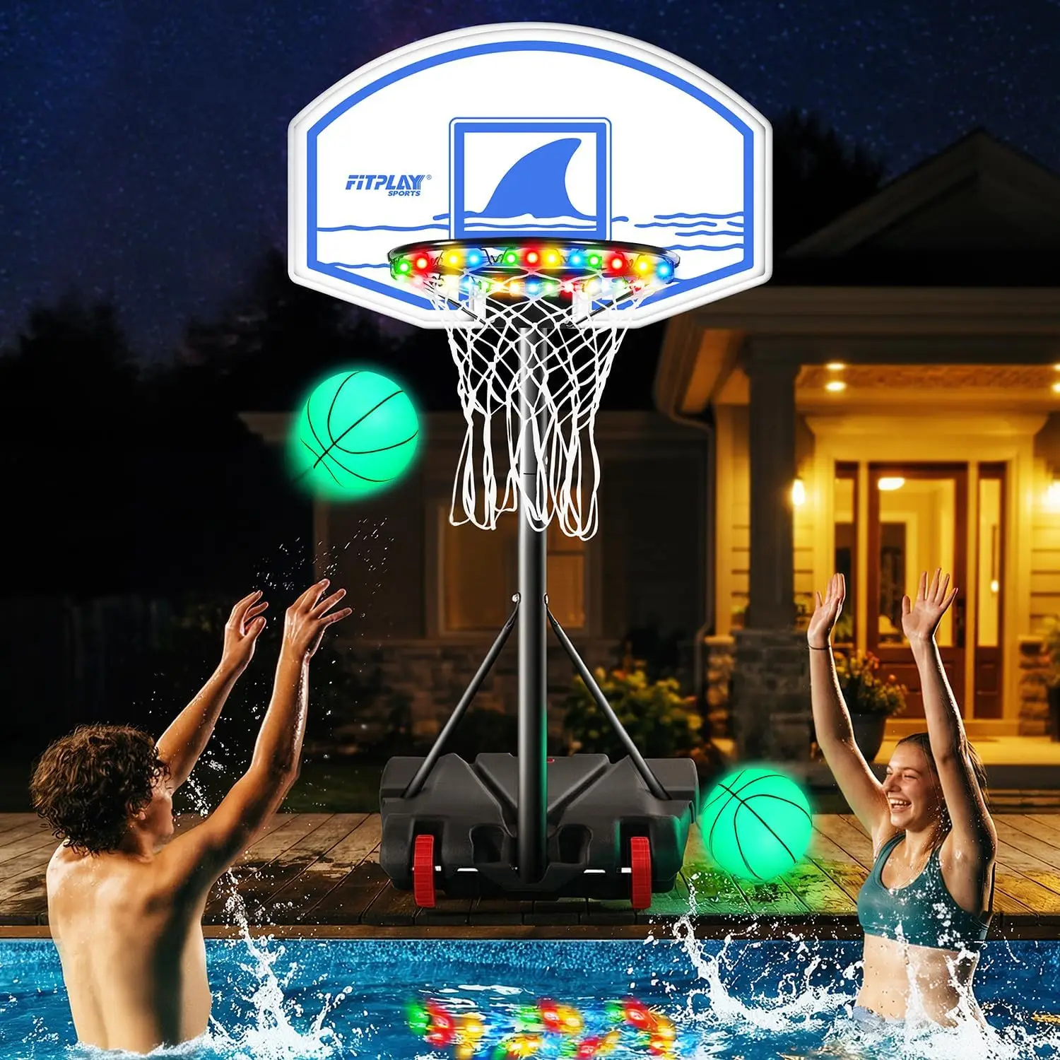 Pool Basketball Hoop with LED Lights and 2 Glow-in-the-Dark Balls, Adjustable Height 45–59 Inches, Air Pump Included, Stable Water or Sand Fill Base with Wheels, Fun Swimming Pool Game Set for Adults, Teens and Family