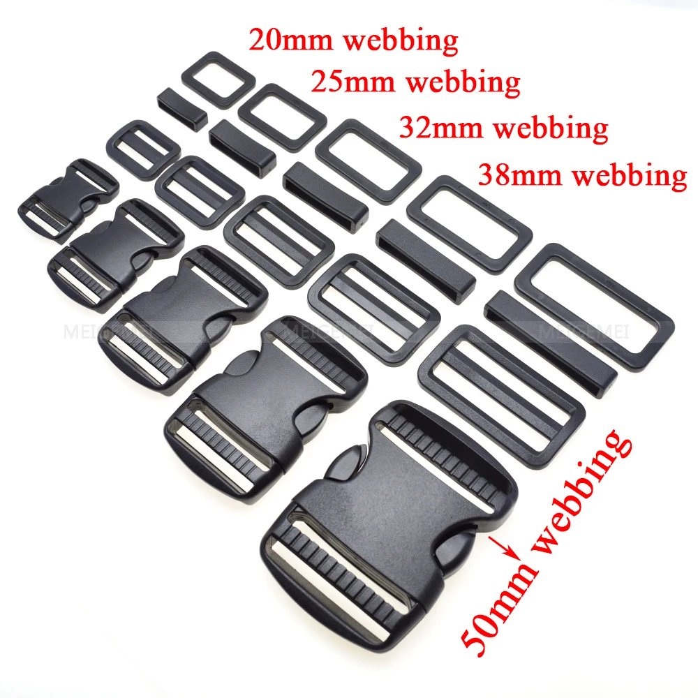 1 set 20mm 25mm 30mm 38mm 50mm Plastic Slider Adjustable Rectangle Ring Belt Loop Curved Side Release Buckles For Paracord