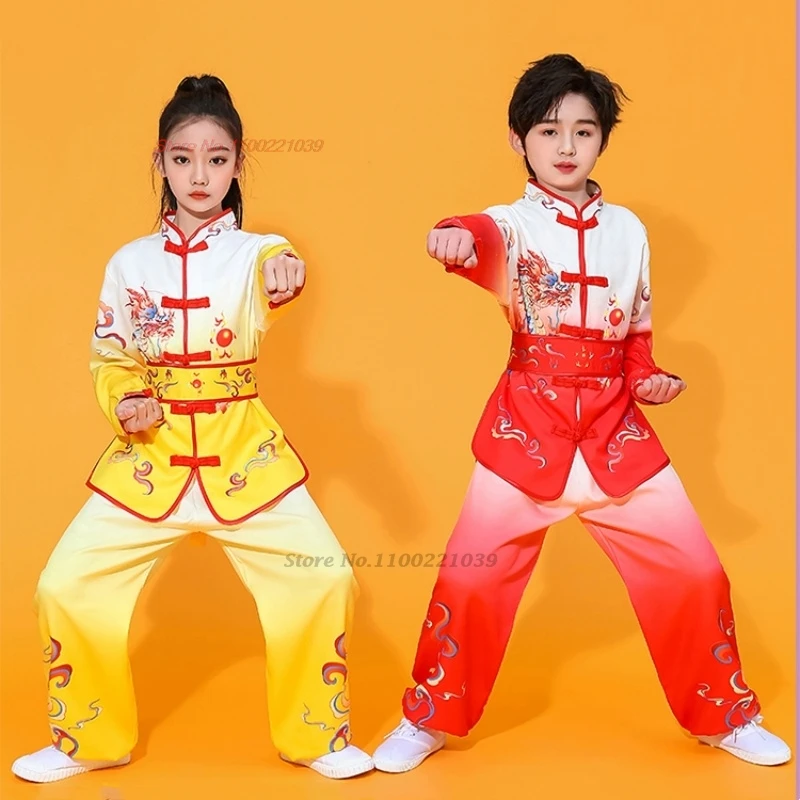 

2024 chinese wushu kung fu shaolin set children dragon print wushu kung fu clothing oriental martial arts training exercise suit