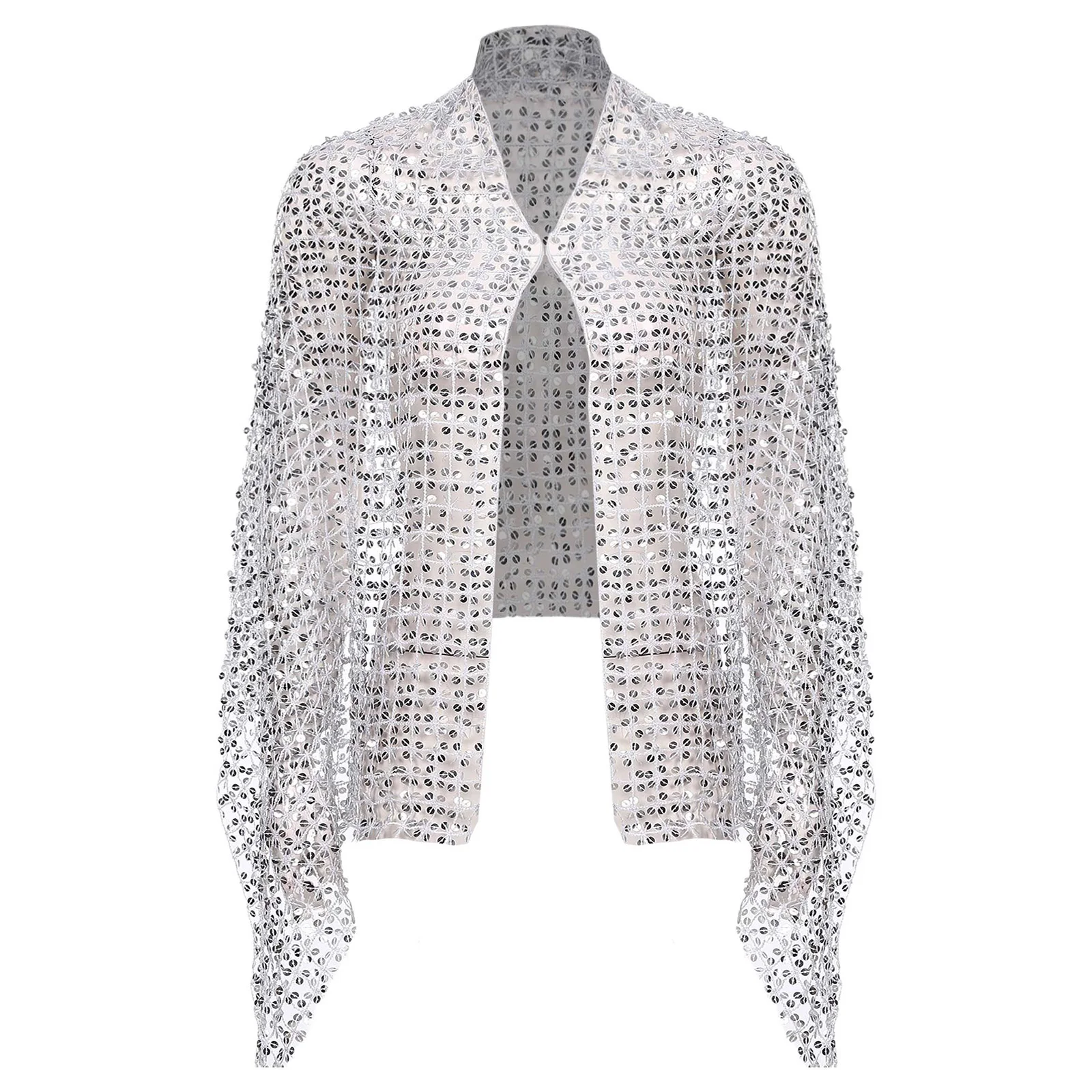 Women Sparkling Sequins Shawl Tops Shiny Hollow Out Scarf Wraps for Wedding Party Banquet Cocktail Dance Stage Performance