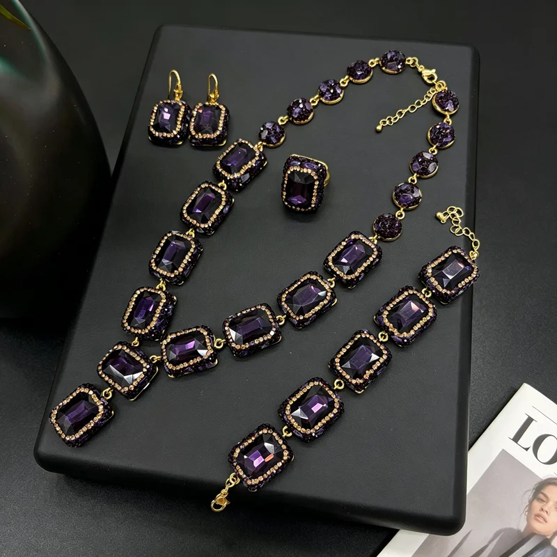 Large Crystal Stone 4pcs Jewelry Sets For Women Banquet Party Style Geometric Zircon Diamond Earring Necklace Bracelet Charm Set