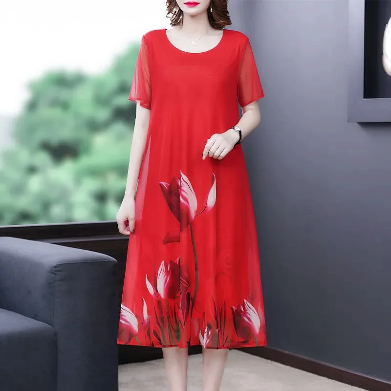 Summer Clothes for Women Patchwork Lace Short Sleeve Pullover A-line Round Neck Floral Printing Mid Length Version Dresses