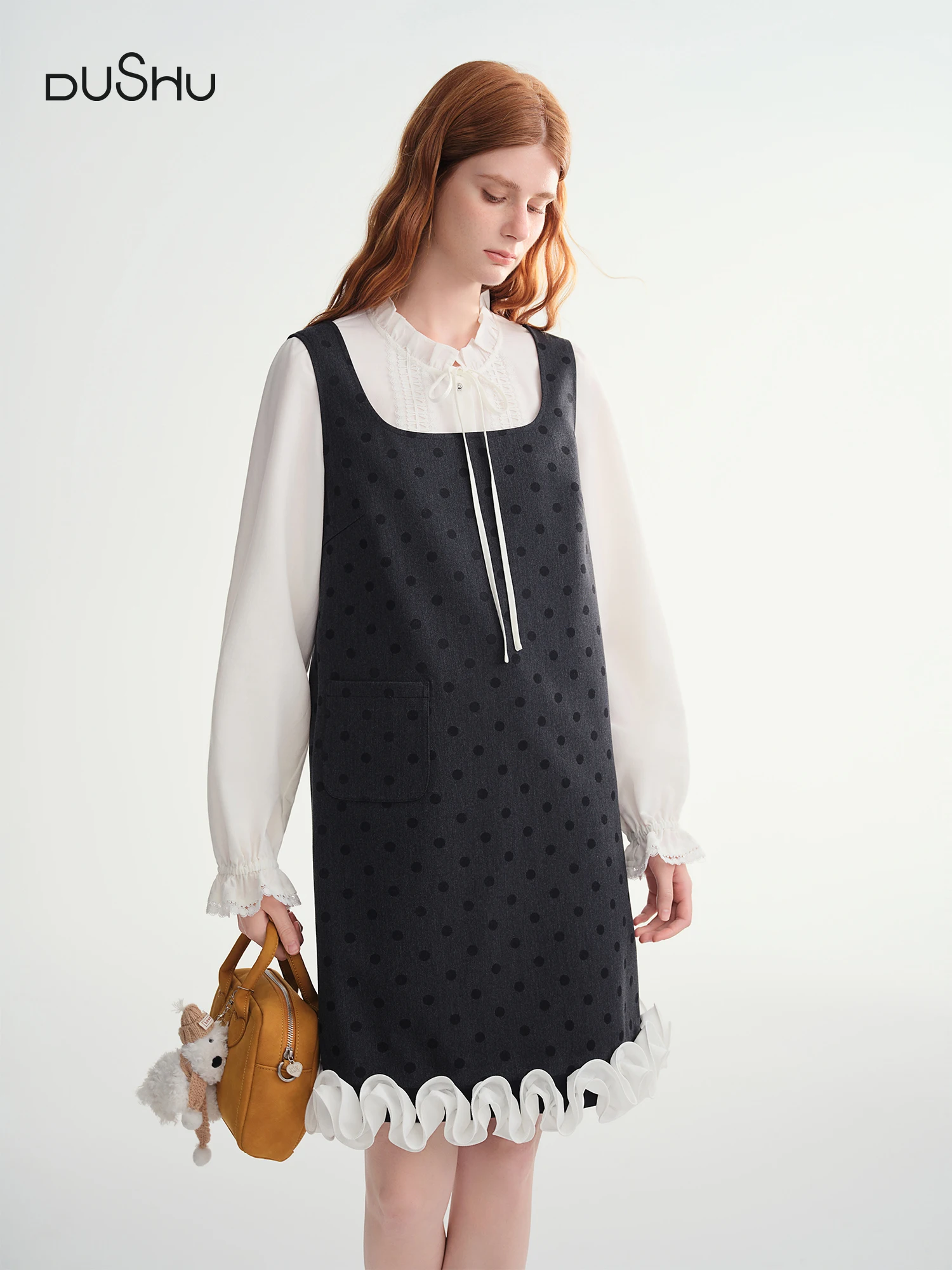 

DUSHU Polka Dot Print Contrast Color Lace Trim Sleeveless Dress Women 2025 Winter New Arrival Casual Party Wear Vest Dress