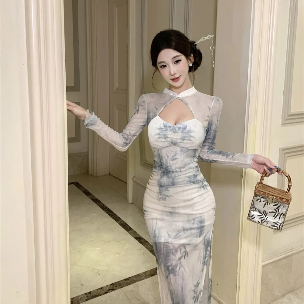 

Ретро-платье-ципао с разрезом, облегающее, средней длины, в китайском стиле, женская одежда, осень-зима, новинка