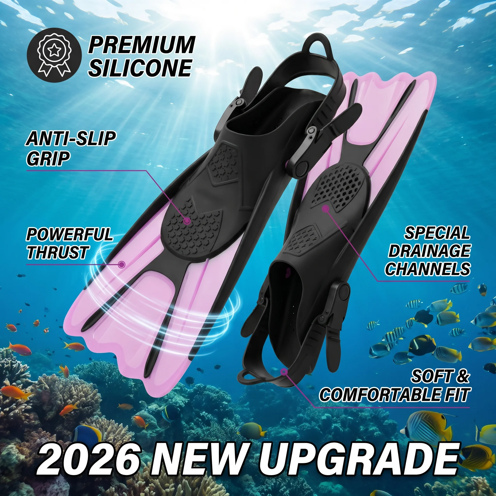 2026年新改良版トラベルスイミングフィン、調節可能なシリコン製フィン、スキューバダイビングトレーニングフィン、大人用シュノーケリングプールボディボア