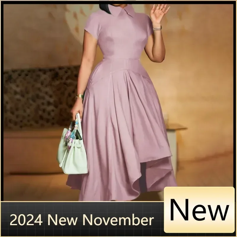 

Customized Gowns Summer Elegant African Dresses for Women Short Sleeve Polyester Solid Color Long Maxi Dress Dashiki African Clo
