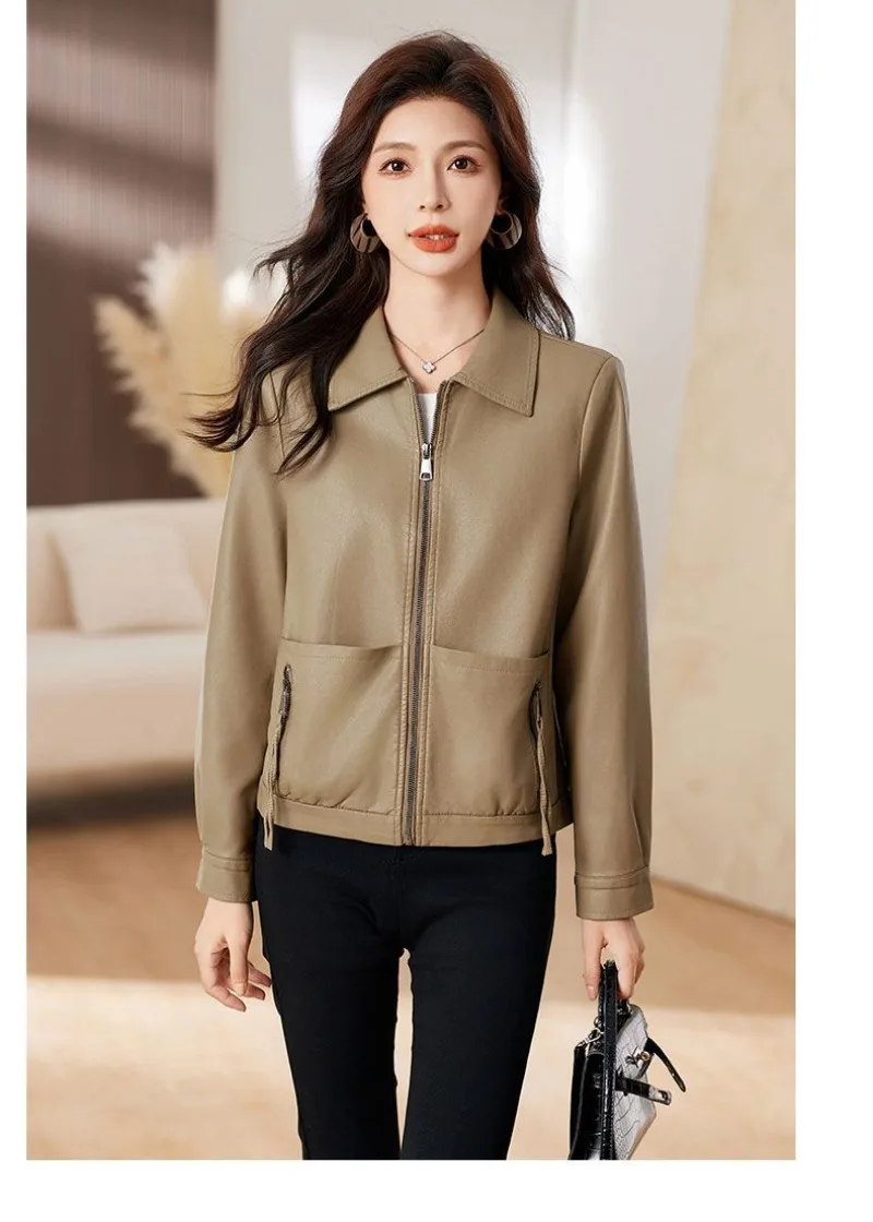 New 2026 Temperament PU Leather Jacket Women's Autumn Lapel Loose Motorcycle Jacket Ladies Casual Female Outwear Overcoat