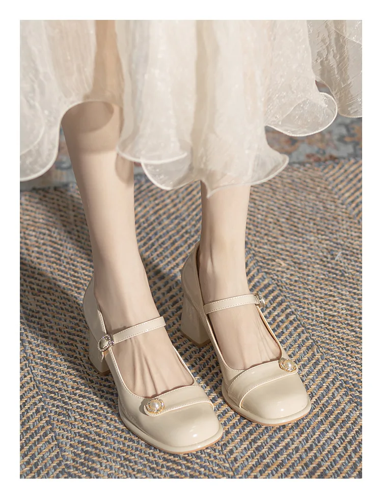 Spring/Summer New Mary Jane Thick Heels High Heels, Elegant Pearl Retro Round Toe Shoes, Versatile Single Shoes for Children