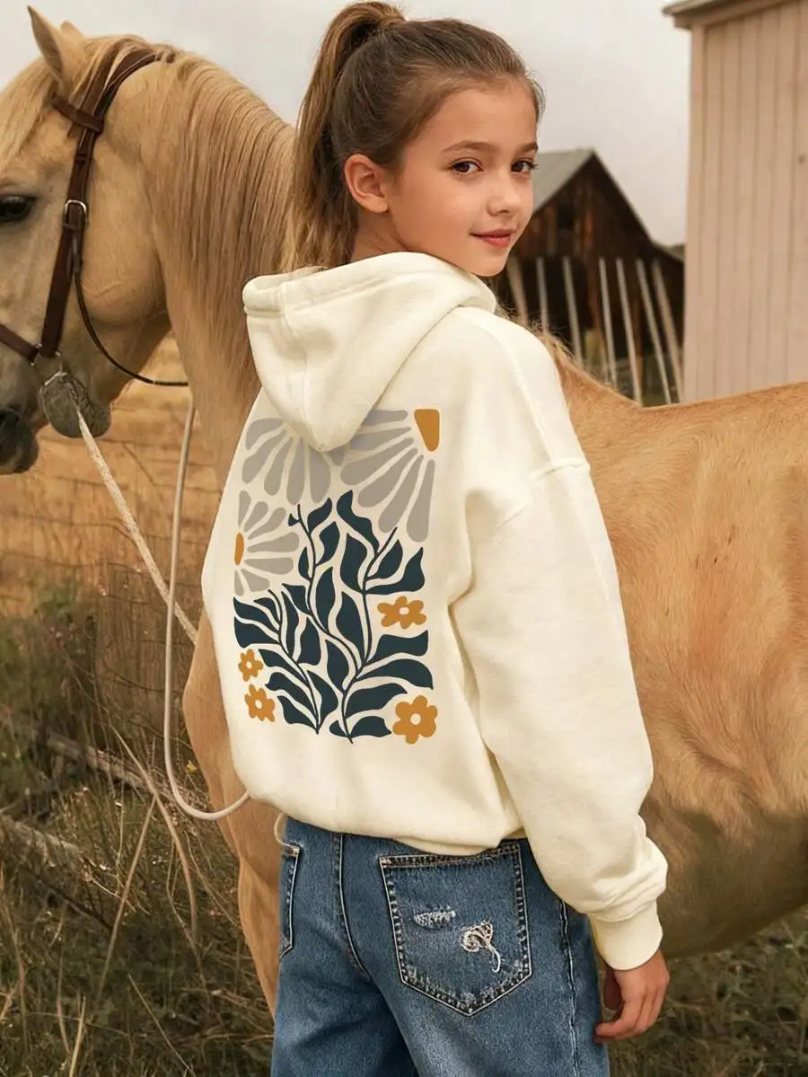 

Girls' Cream Hoodie with Abstract Floral Print, Thermal-Lined for Cool Seasons