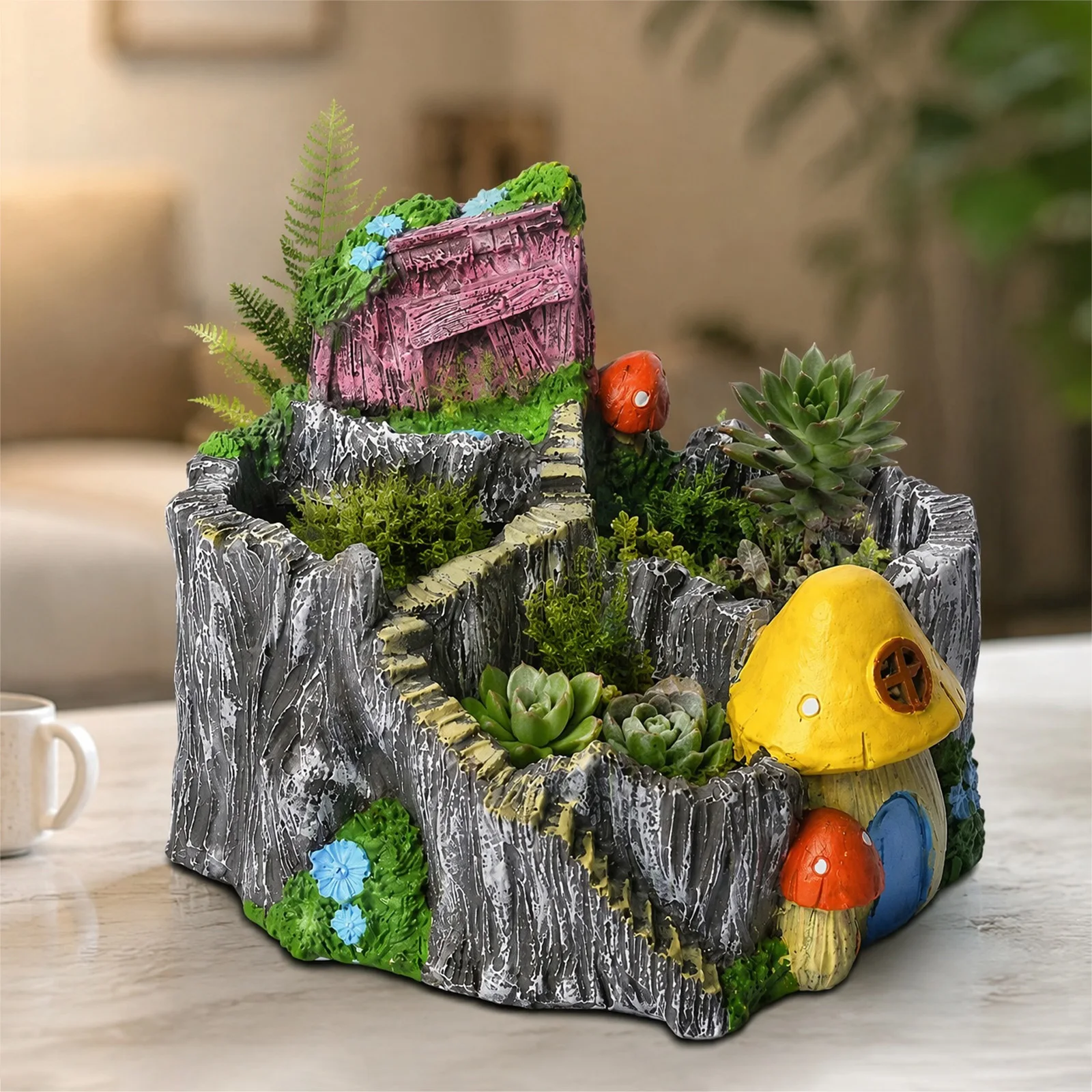 Rockery Villa Landscape Resin Flower Pot Multilevel Layered Bonsai Succulent Planter Home Decor