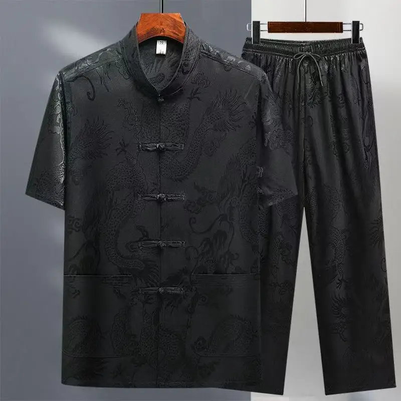 

Лето 2025 г. Новые мужские брюки в китайском стиле с короткими рукавами, комплект из ледяного шелка без следов, быстросохнущий комплект из двух предметов для среднего и молодежи