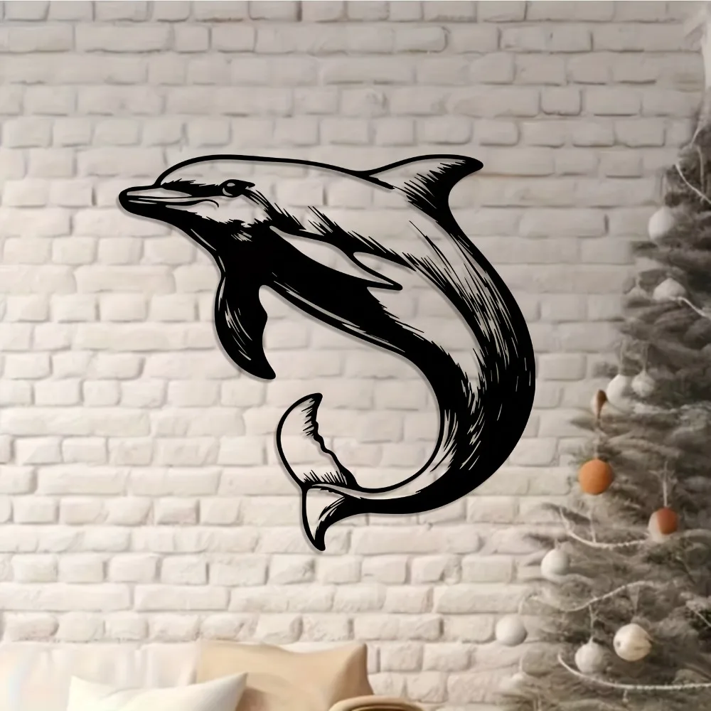 1pc Modern Dolphin Metal Wall Art, Leaping Dolphin Sculpture Weather-Resistant Iron Mural, Ocean-Themed Coastal Decor for Patio