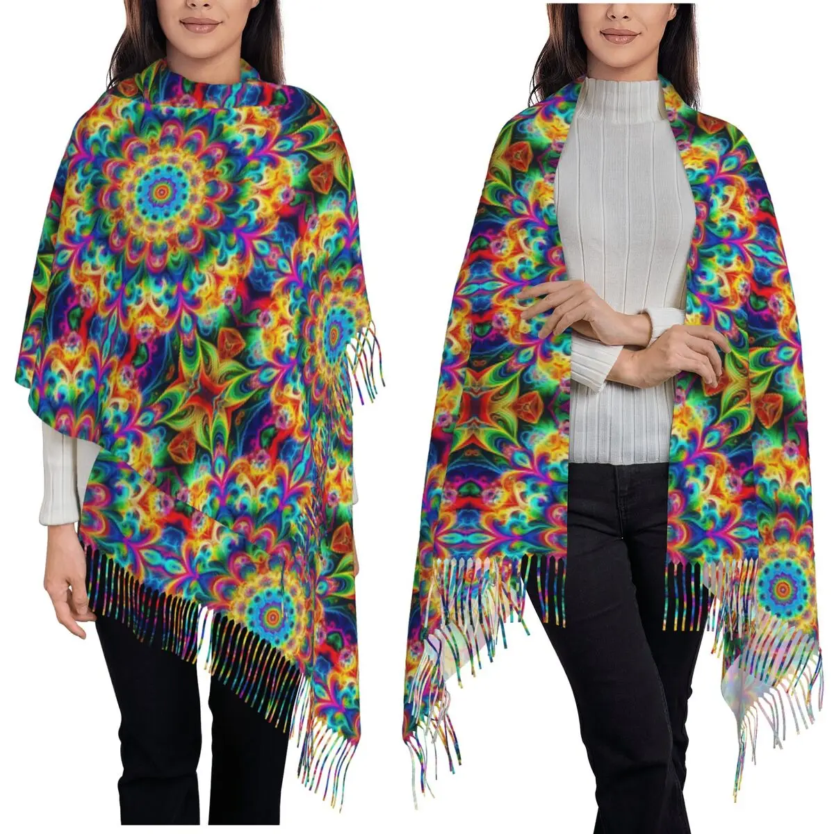 Retro Psychedelic Black Magic Pattern Scarf Tassel Scarves for Women Soft Warm Shawls and Wraps Long Fall Winter Shawl Wrap
