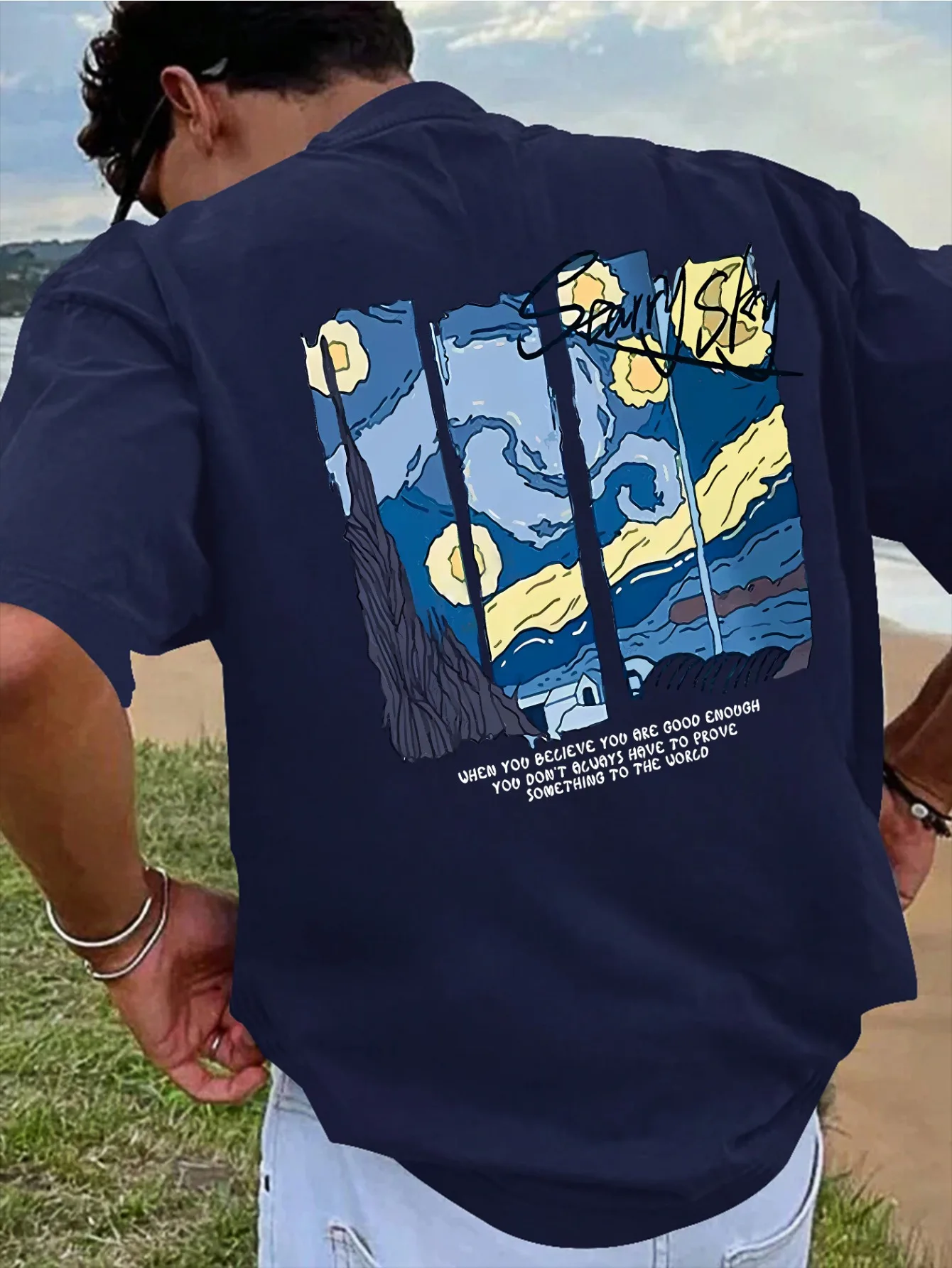 Men's summer 100 cotton fashionable casual loose sports oil painting pattern printed round neck short sleeved T-shirt top
