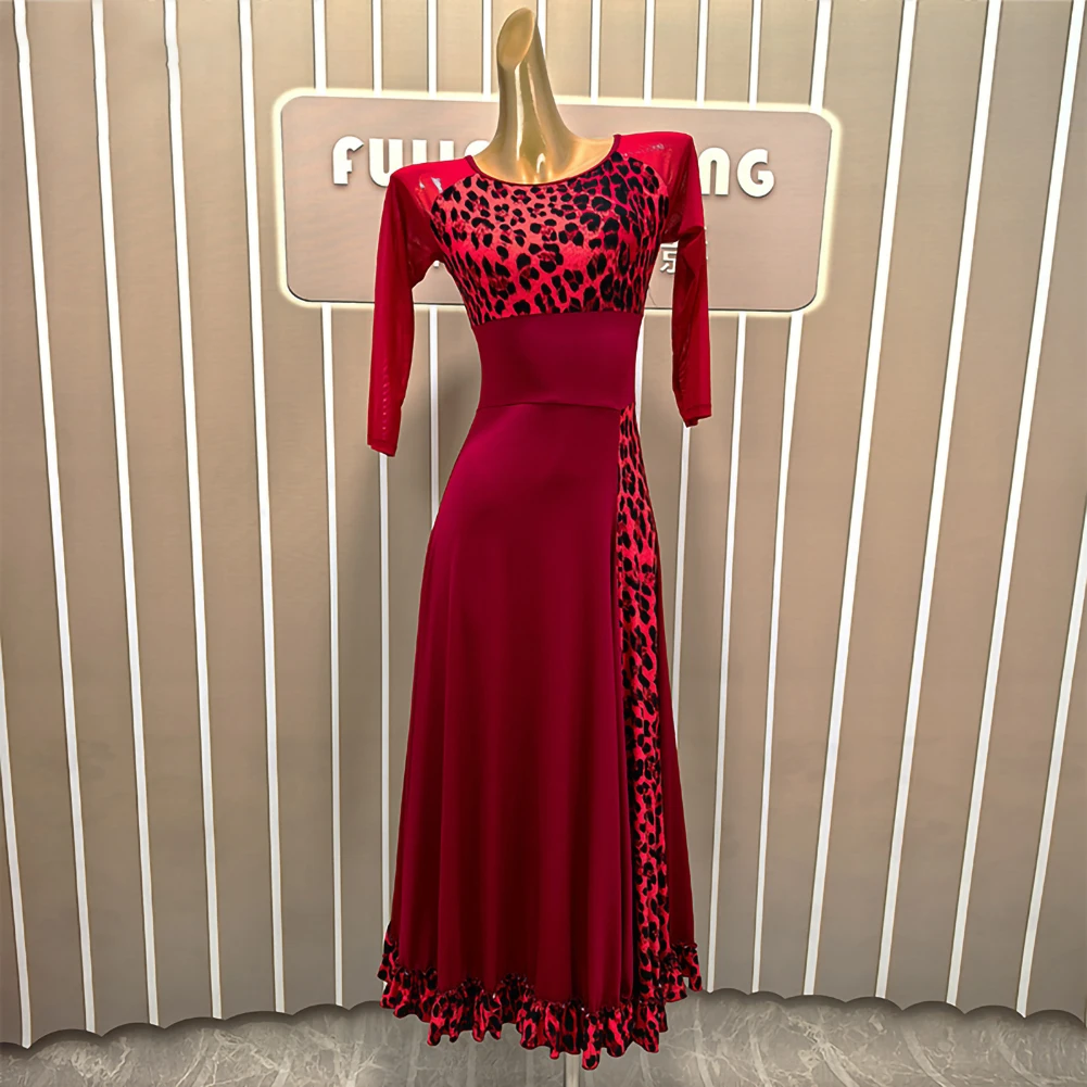 Nieuwe jurk marineblauw ballroomdans oefenpak wijnrood moderne walsjurk met middellange mouwen