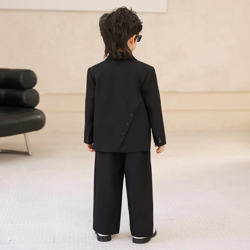 Boys 4-Piece Chinese Style Suit Set Bamboo Print Blazer Pants Shirt Tie for Wedding Birthday Party Kids Gentleman Formal Outfit