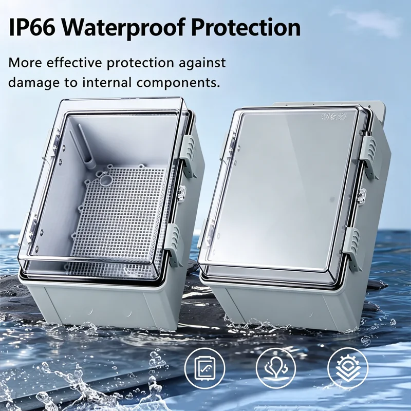 Outdoor IP66 Electronic Distribution Box, Waterproof ABS Enclosure with Mounting Brackets & Cover