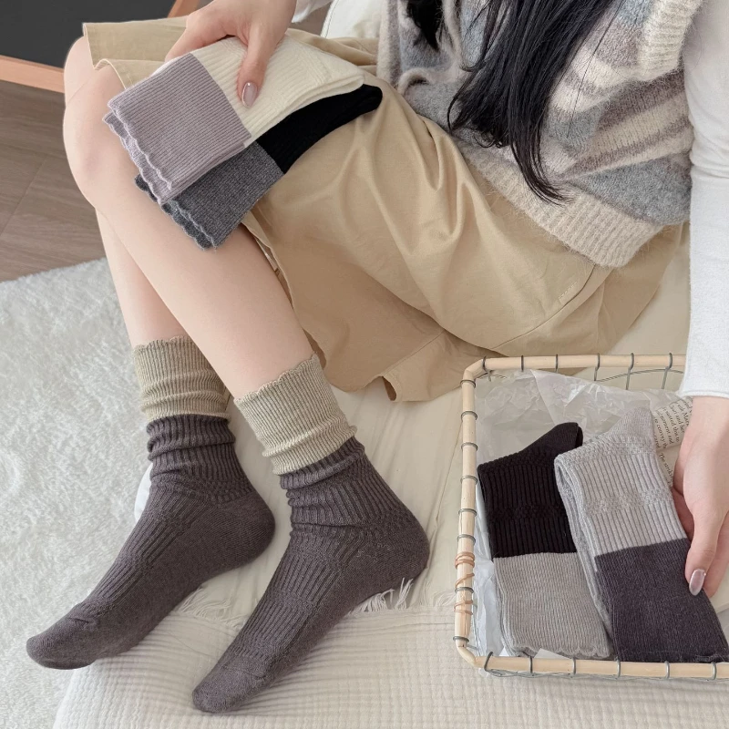 اليابانية الرجعية النساء الجوارب الخريف والشتاء Harajuku موضة اللون مطابقة الجوارب الطويلة النساء JK لوليتا Kawaii لطيف مكشكش الجوارب #4