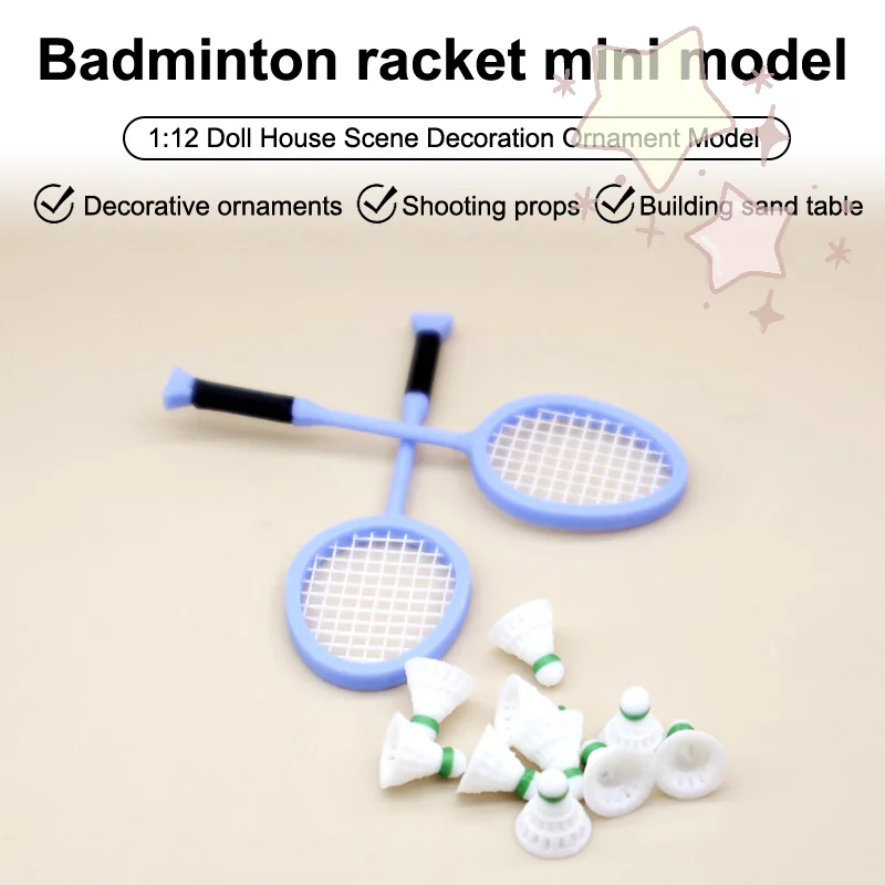 1Pair 1:12 Dollhouse Simulation Mini Badminton Racket Set For Sports Scene Decoration Dolls House Pretend Play Toys
